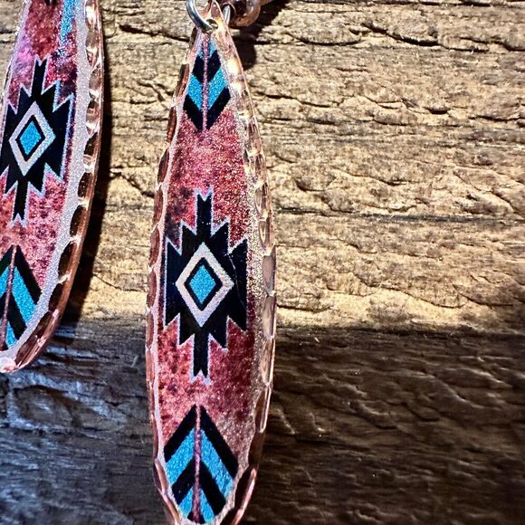 Boho Native American Navajo Red and Turquoise Copper Earrings, gift Box - Picture 7 of 8